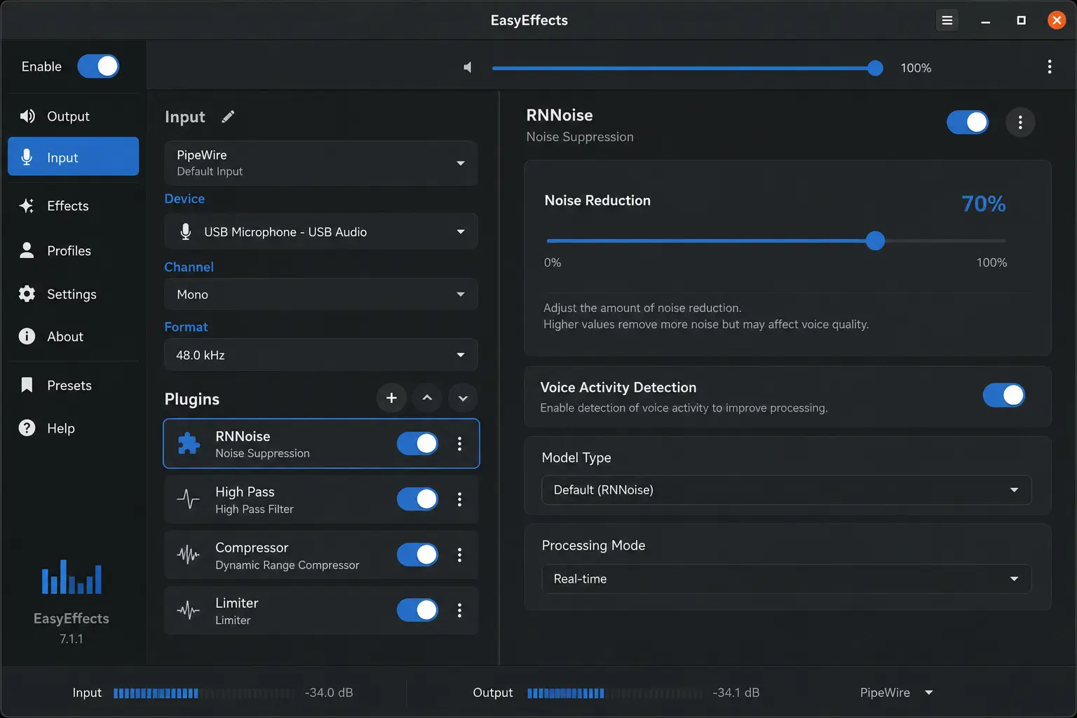 EasyEffects application with RNNoise plugin configured for noise reduction on Linux