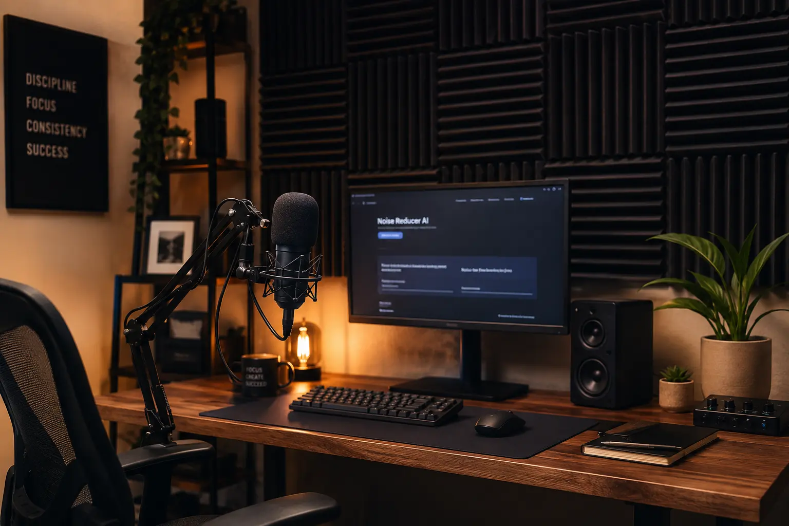 Home office recording setup with professional microphone and acoustic treatment
