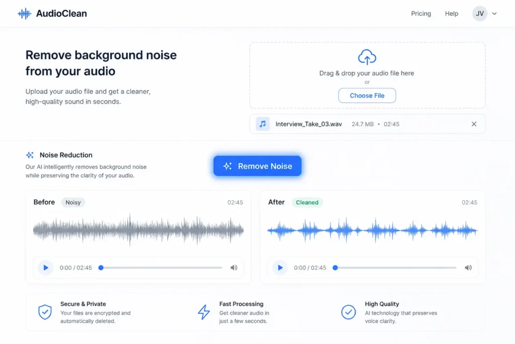 AI noise removal tool interface showing one-click background noise reduction for audio files