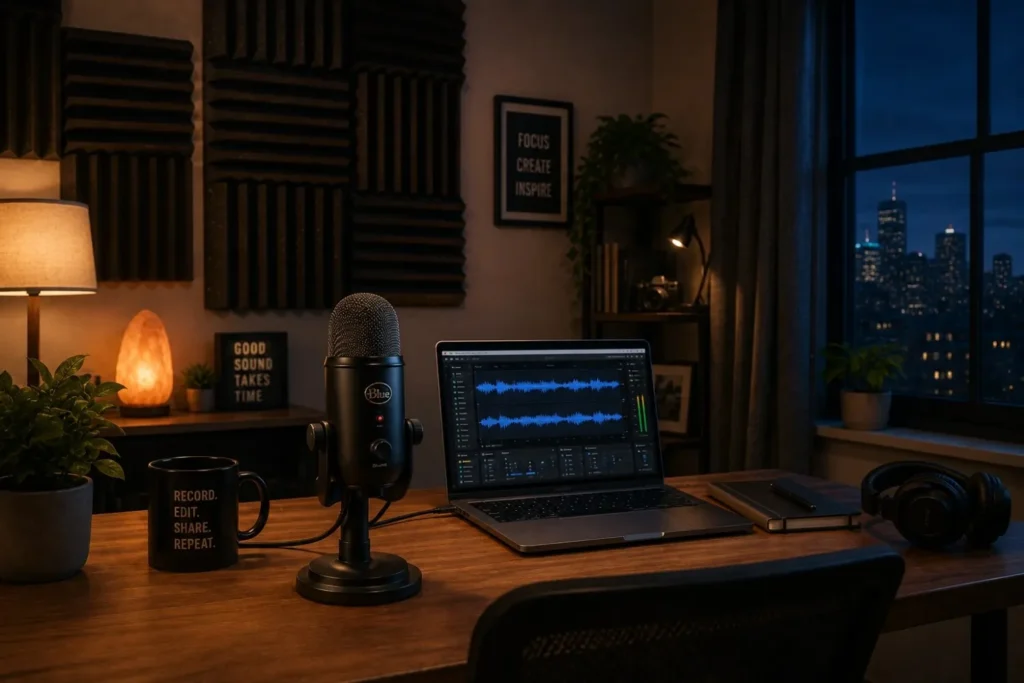 Podcast recording setup with microphone, acoustic foam, and closed window to prevent background noise