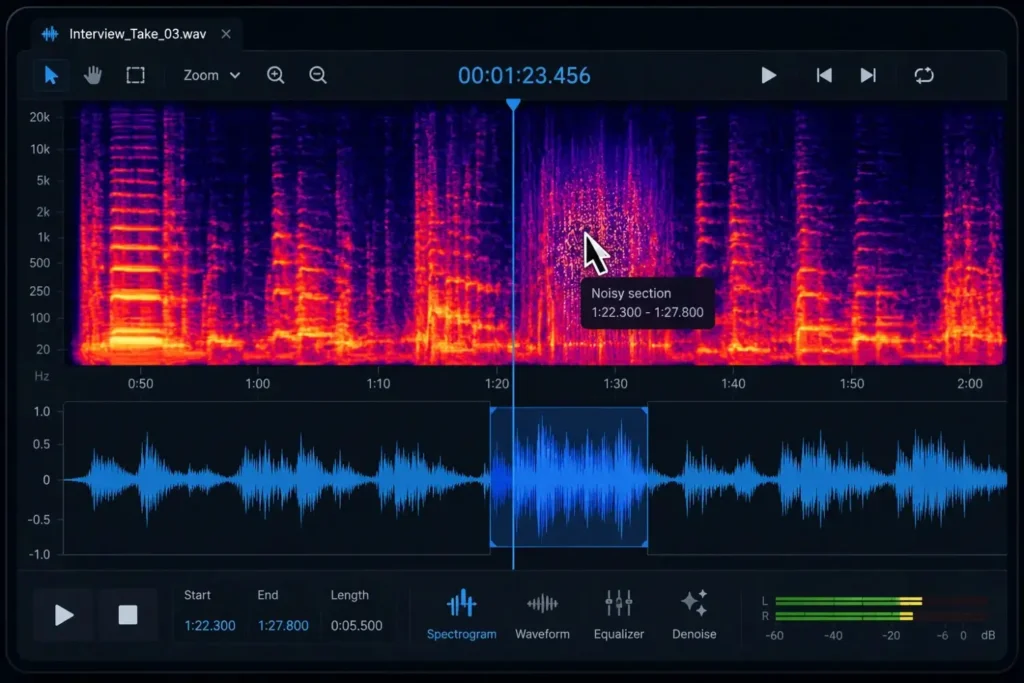 Audio waveform in a manual editing tool showing noise removal process with EQ and spectral view