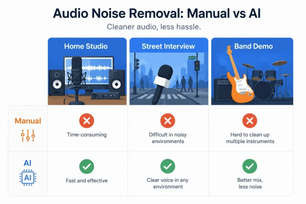 Infographic showing when to use manual versus AI noise removal for home studios, street interviews, and band demos