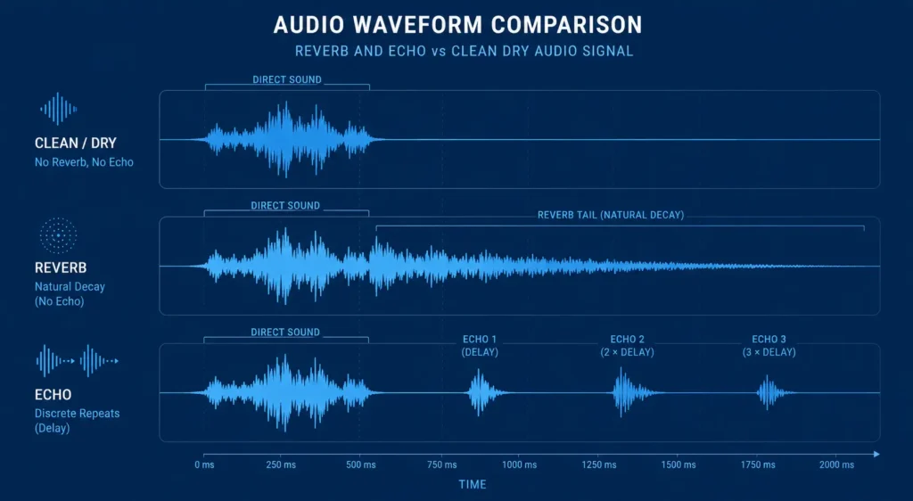 7 Hidden Sound Quality Issues Voice Actors Miss in 2026 3 Audio waveform showing room echo and reverb compared to clean dry voice recording