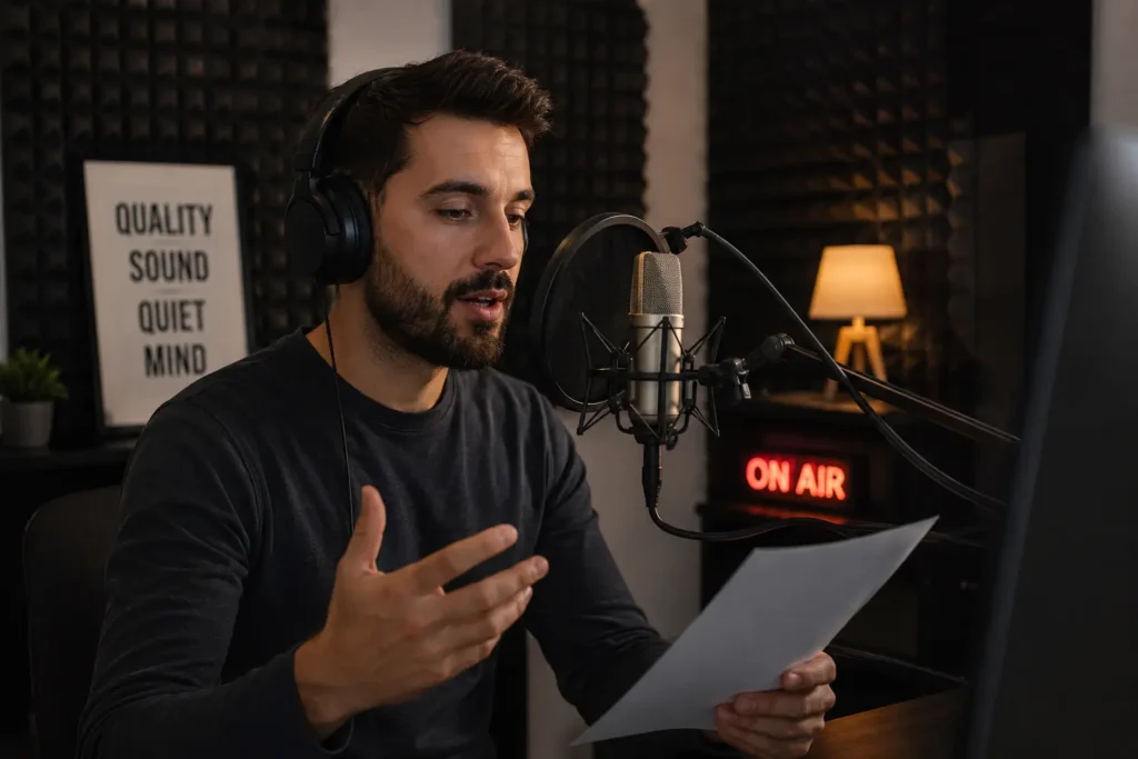 7 Hidden Sound Quality Issues Voice Actors Miss in 2026 2 Voice actor recording in treated home studio to avoid hidden sound quality issues