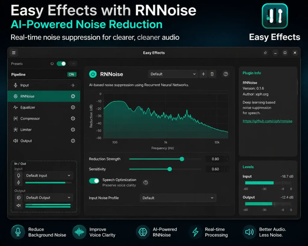 easy effecs application with rnnoise plugin configured for noise reduction