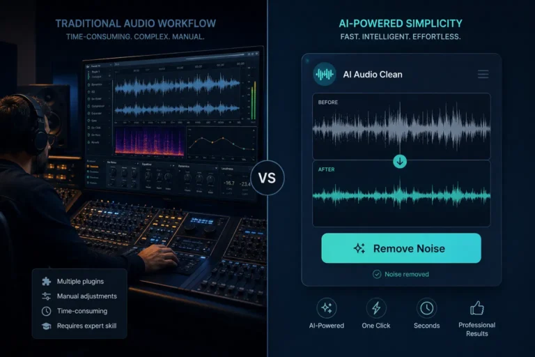 Side-by-side comparison of manual audio editing in iZotope RX versus AI noise removal interface