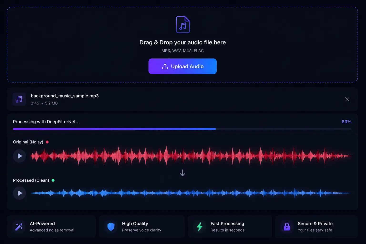 Noise Reducer AI web interface showing audio file upload and DeepFilterNet processing in progress